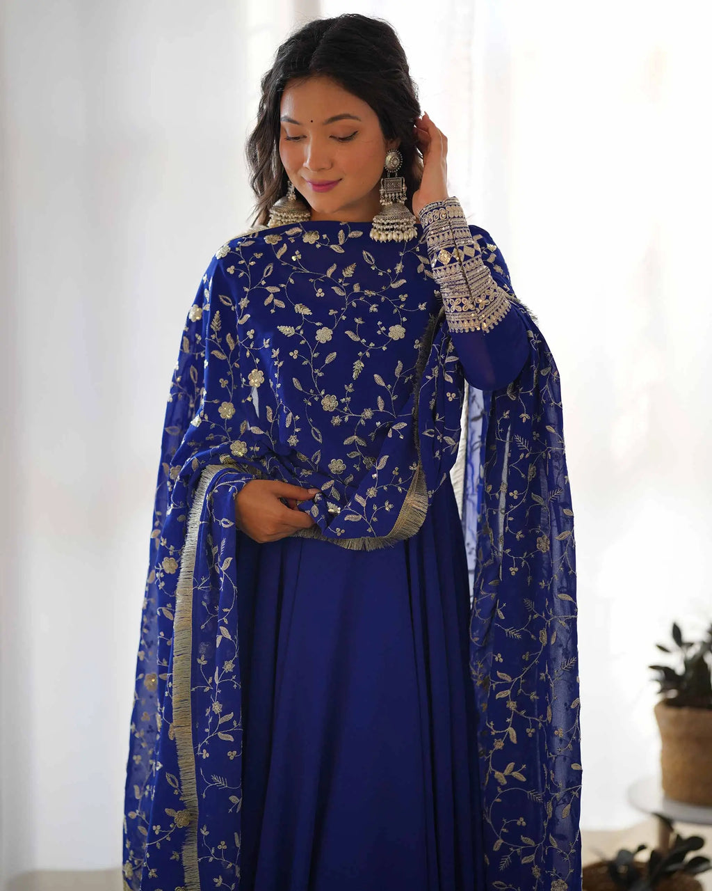 Royal Blue Designer Georgette Gown With Heavy Embroidery Work Dupatta