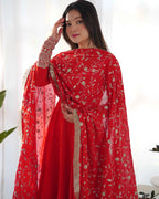 Cornell Red Designer Georgette Gown With Heavy Embroidery Work Dupatta