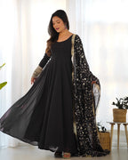 Black Designer Georgette Gown With Heavy Embroidery Work Dupatta