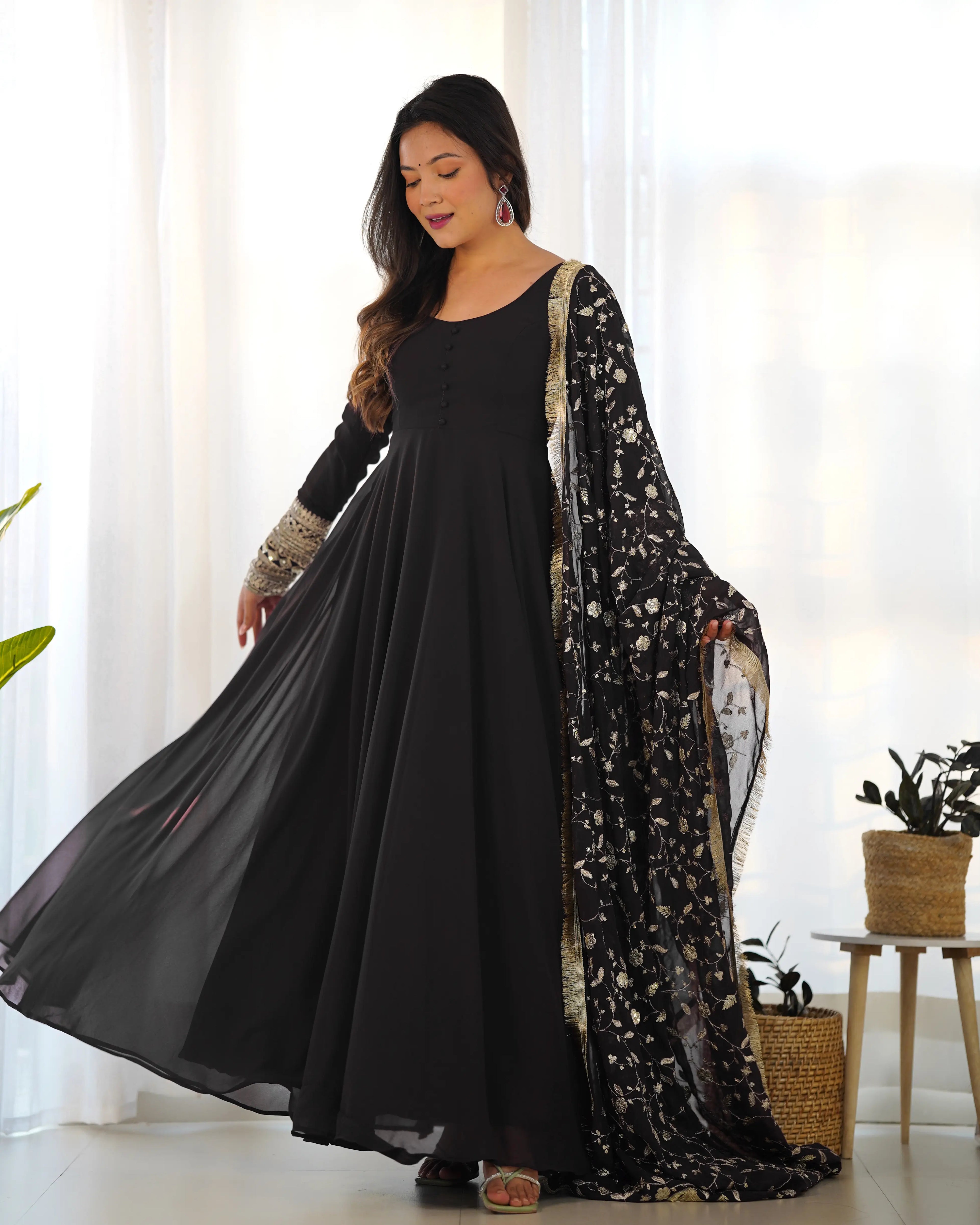 Black Designer Georgette Gown With Heavy Embroidery Work Dupatta