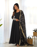 Black Designer Georgette Gown With Heavy Embroidery Work Dupatta