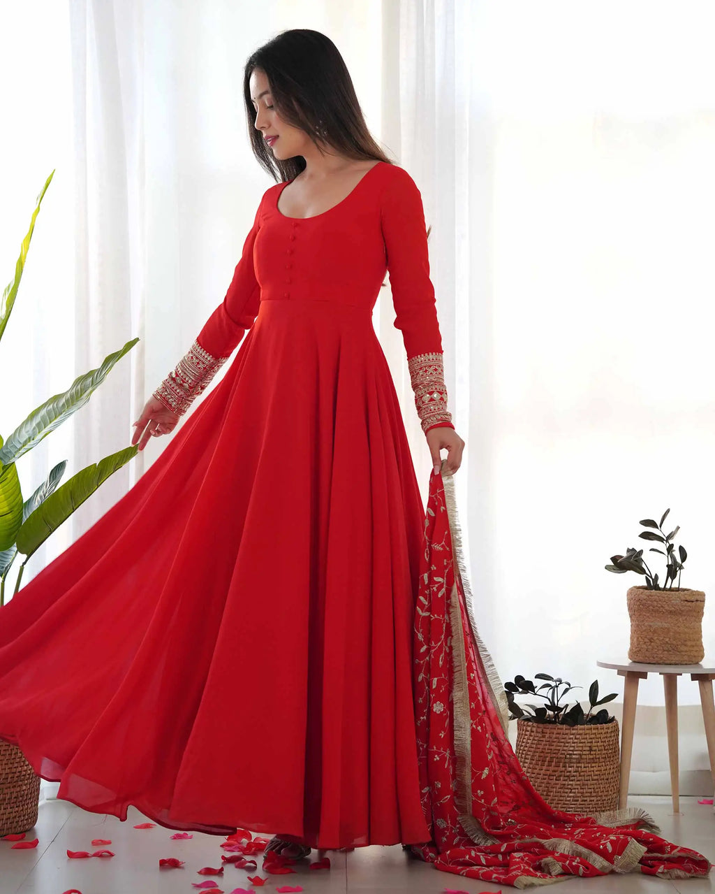 Cornell Red Designer Georgette Gown With Heavy Embroidery Work Dupatta