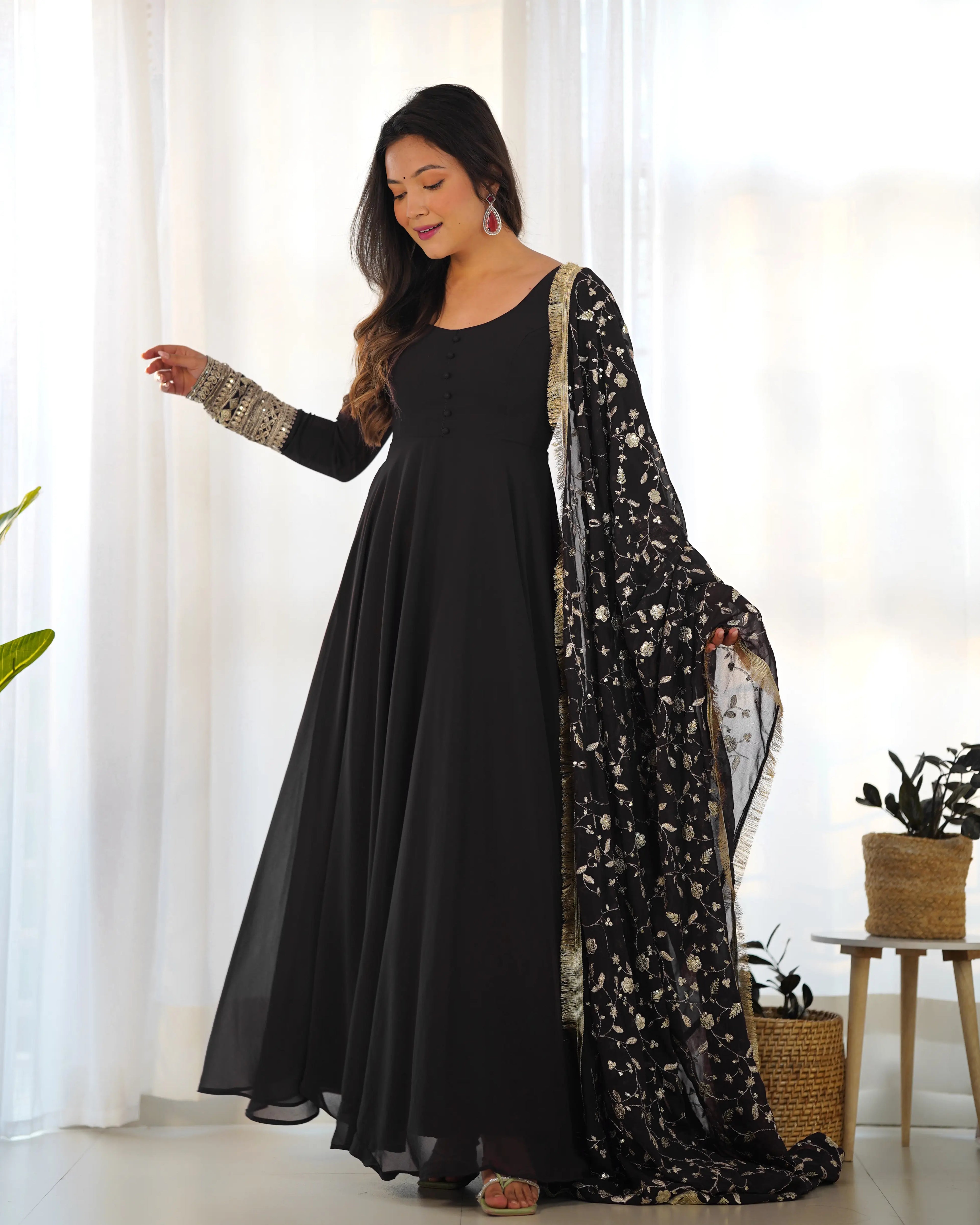 Black Designer Georgette Gown With Heavy Embroidery Work Dupatta