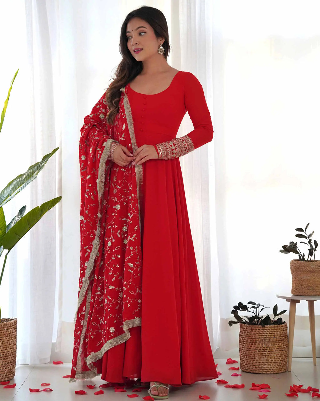 Cornell Red Designer Georgette Gown With Heavy Embroidery Work Dupatta