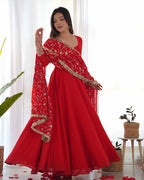 Cornell Red Designer Georgette Gown With Heavy Embroidery Work Dupatta