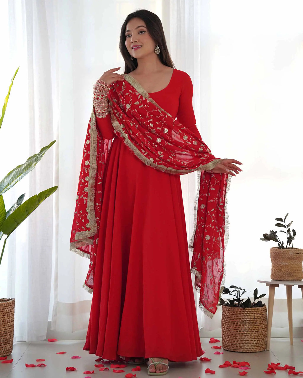 Cornell Red Designer Georgette Gown With Heavy Embroidery Work Dupatta