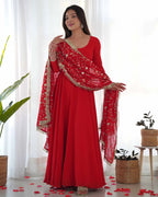 Cornell Red Designer Georgette Gown With Heavy Embroidery Work Dupatta