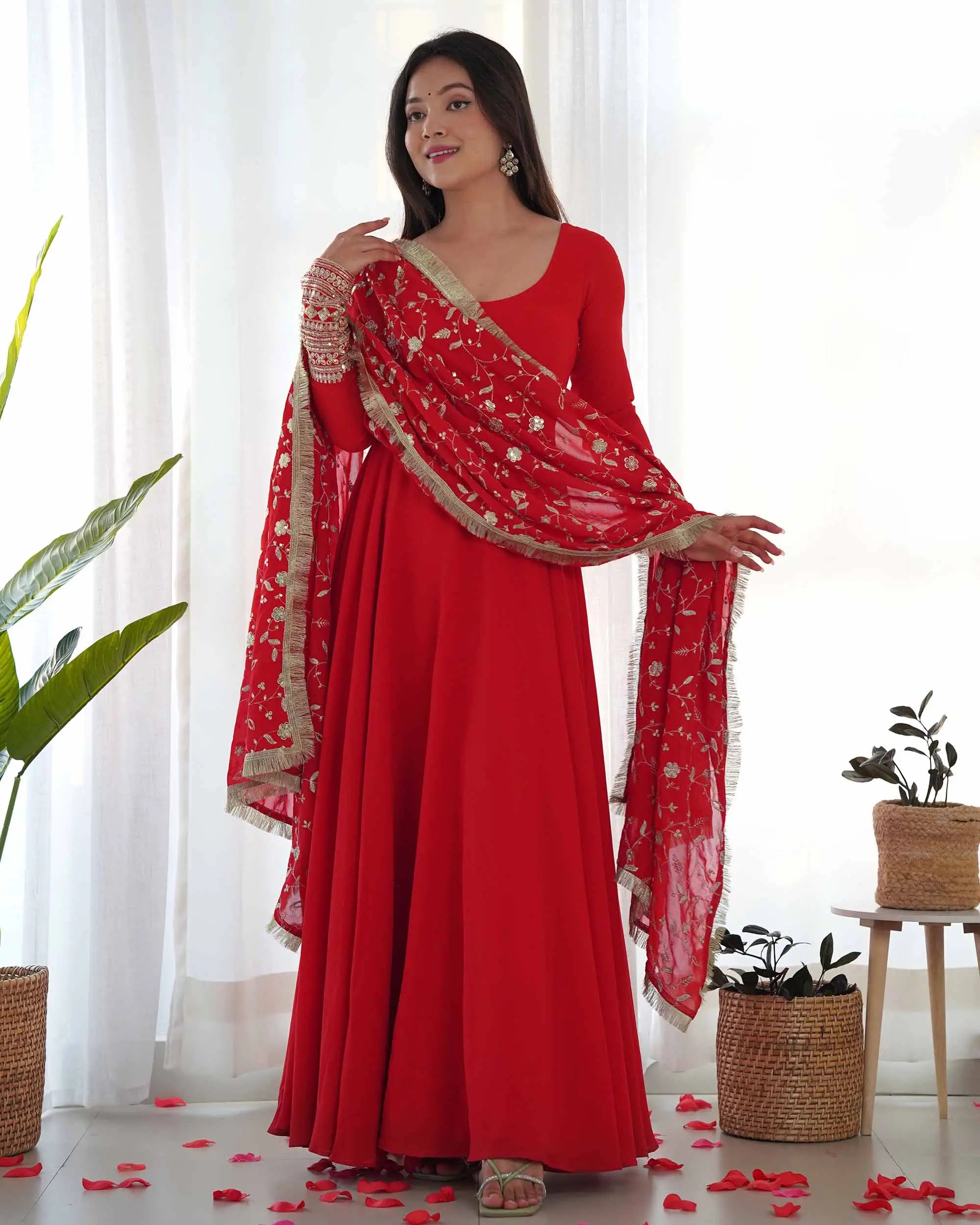 Cornell Red Designer Georgette Gown With Heavy Embroidery Work Dupatta