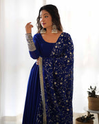 Royal Blue Designer Georgette Gown With Heavy Embroidery Work Dupatta