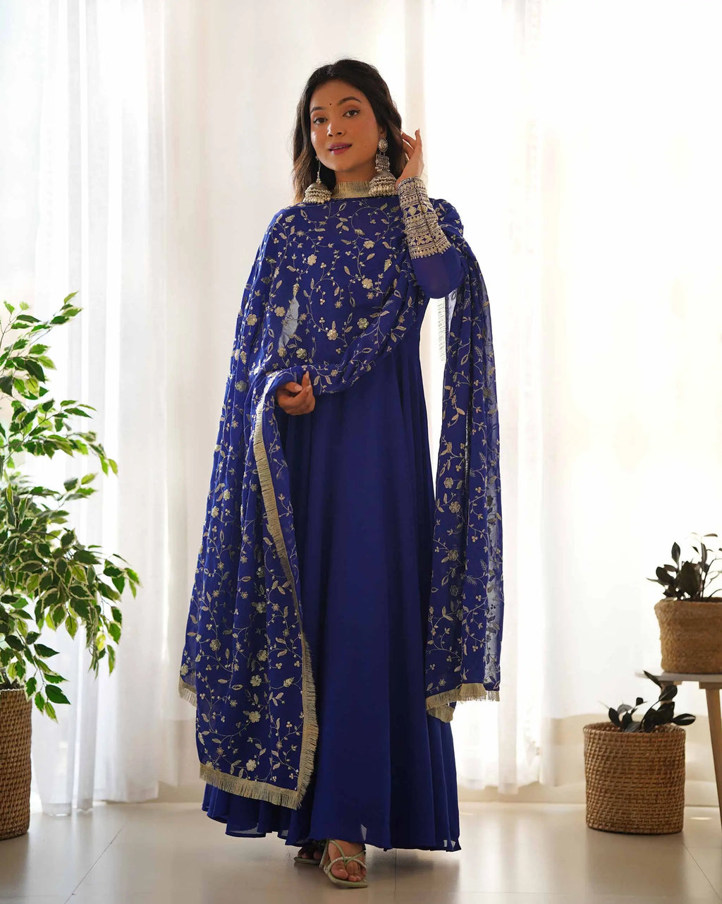 Royal Blue Designer Georgette Gown With Heavy Embroidery Work Dupatta