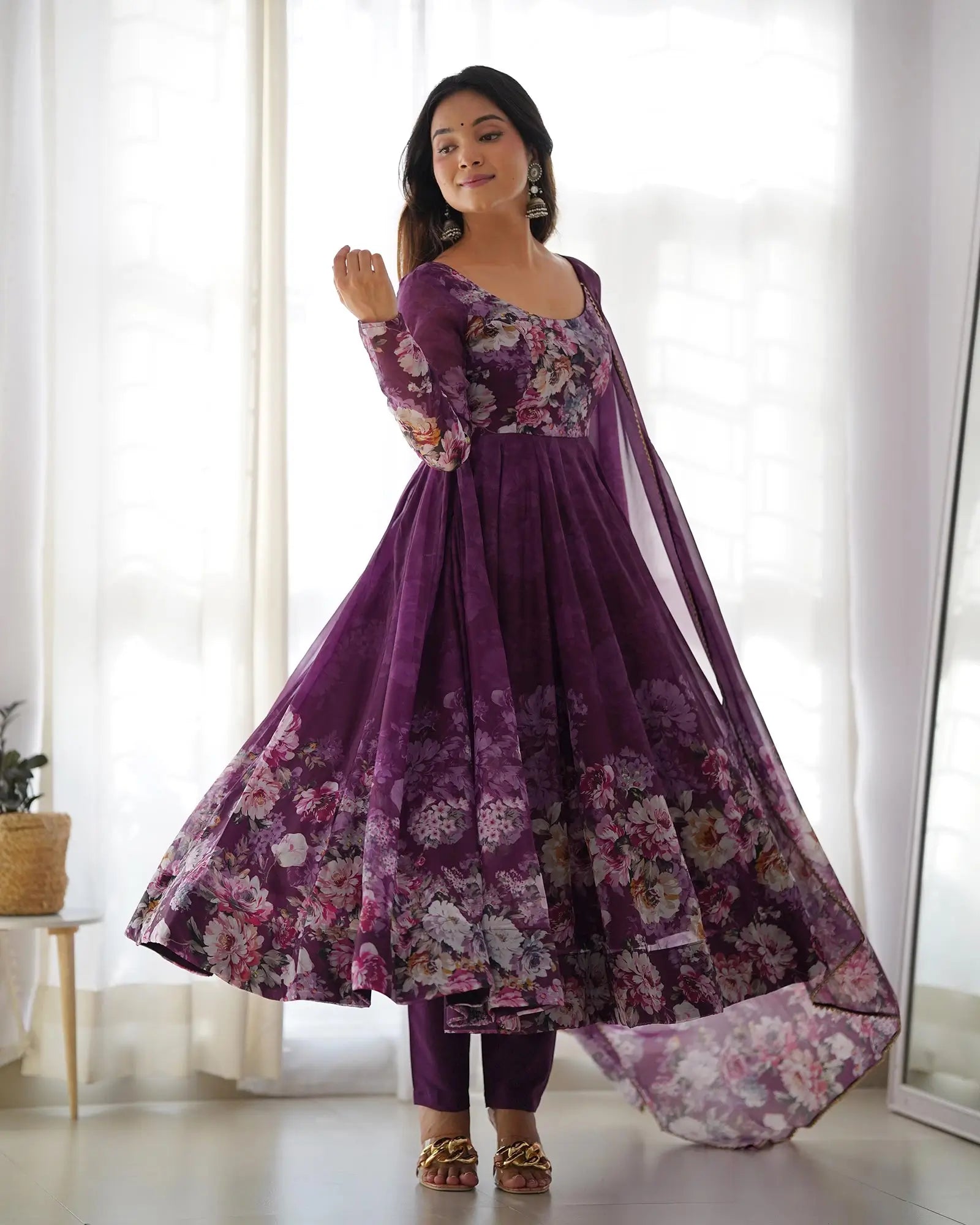 Wine Floral Print Organza Anarkali Gown With Dupatta