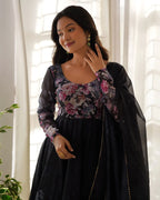 Black Floral Print Organza Anarkali Gown With Dupatta