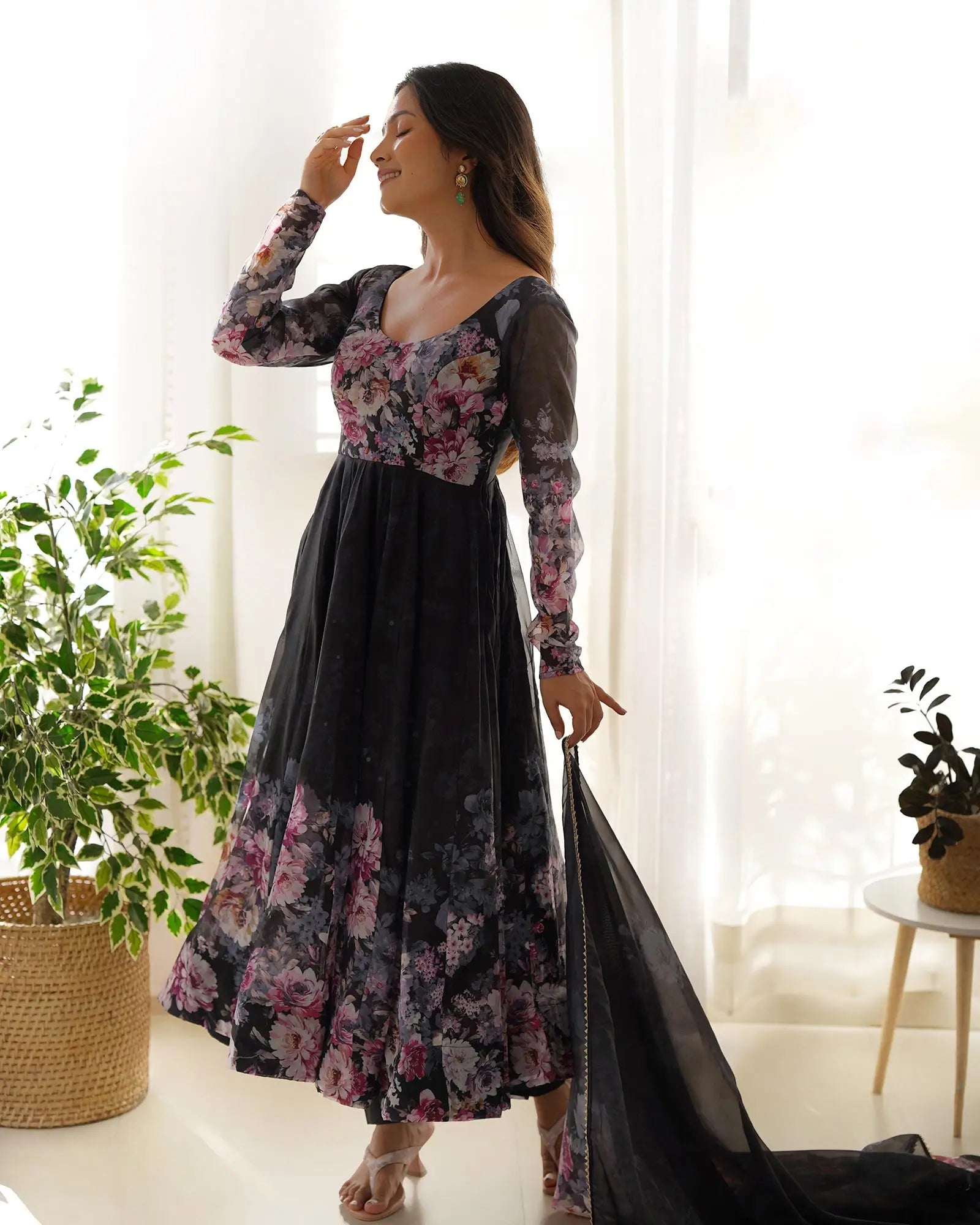 Black Floral Print Organza Anarkali Gown With Dupatta