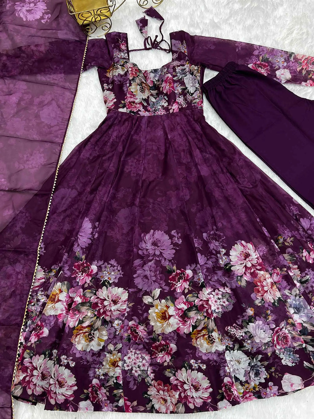 Wine Floral Print Organza Anarkali Gown With Dupatta