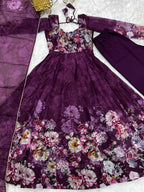 Wine Floral Print Organza Anarkali Gown With Dupatta