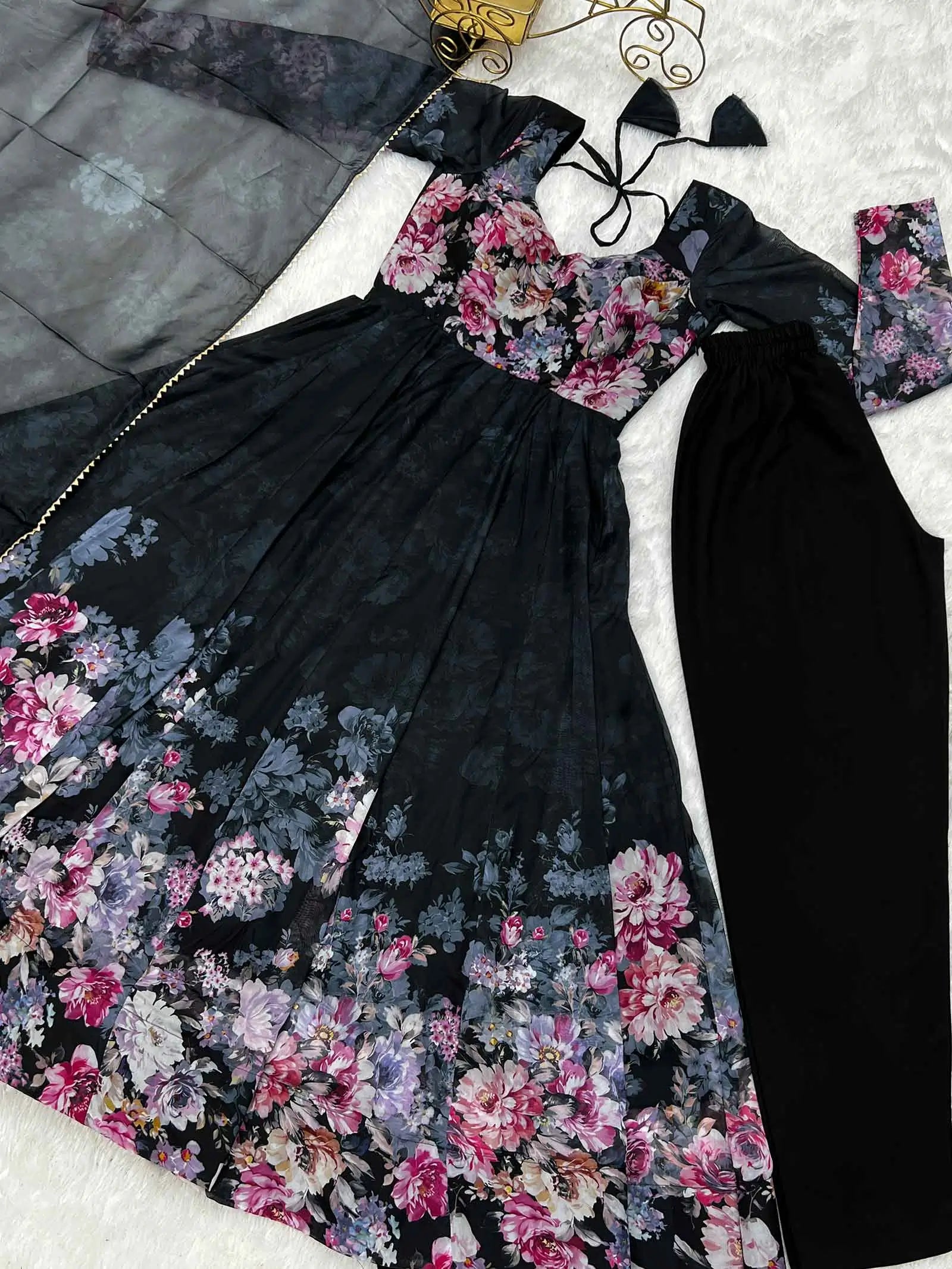 Black Floral Print Organza Anarkali Gown With Dupatta