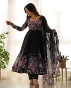 Black Floral Print Organza Anarkali Gown With Dupatta