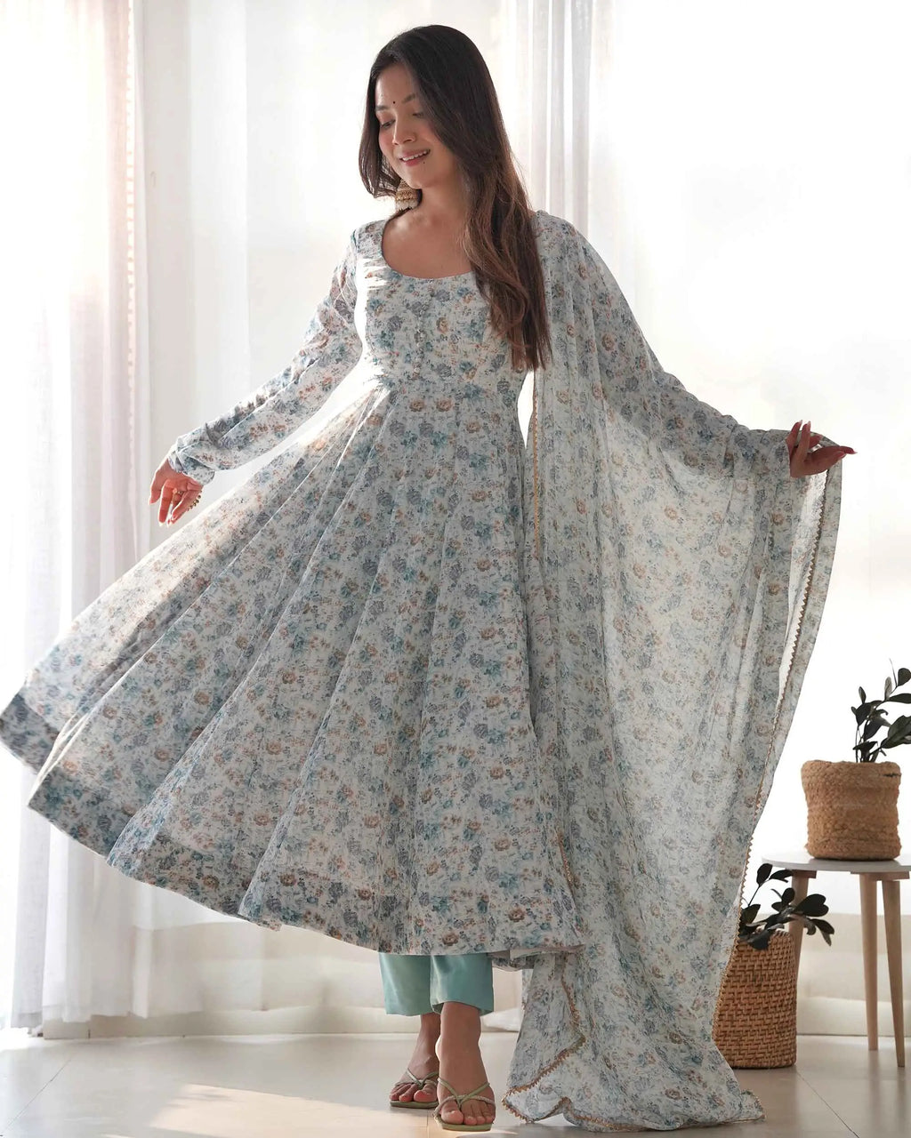 Light Sky Blue Chiffon Anarkali Gown With Colorful Floral Print With Dupatta