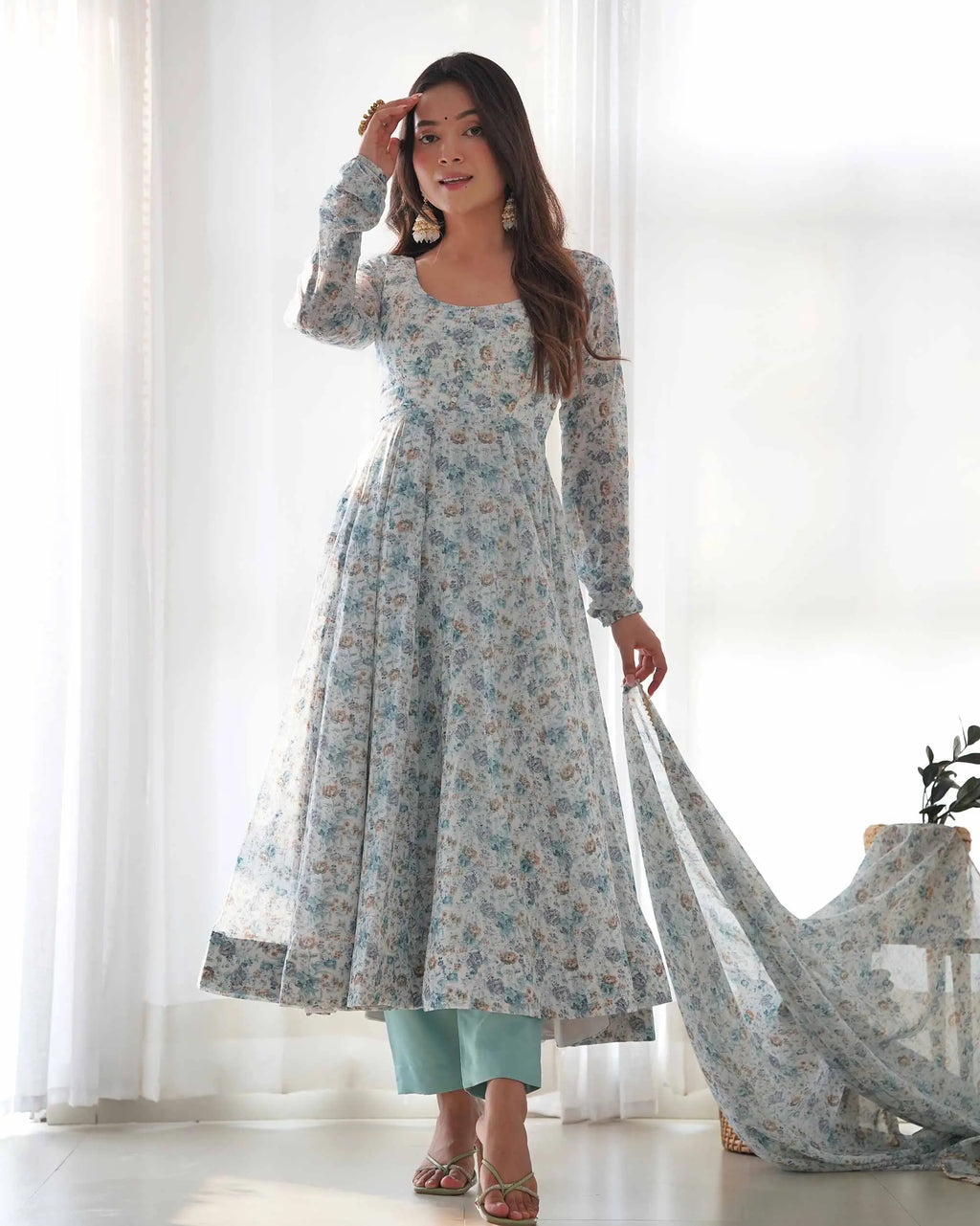 Light Sky Blue Chiffon Anarkali Gown With Colorful Floral Print With Dupatta