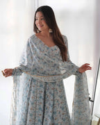 Light Sky Blue Chiffon Anarkali Gown With Colorful Floral Print With Dupatta