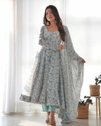 Light Sky Blue Chiffon Anarkali Gown With Colorful Floral Print With Dupatta