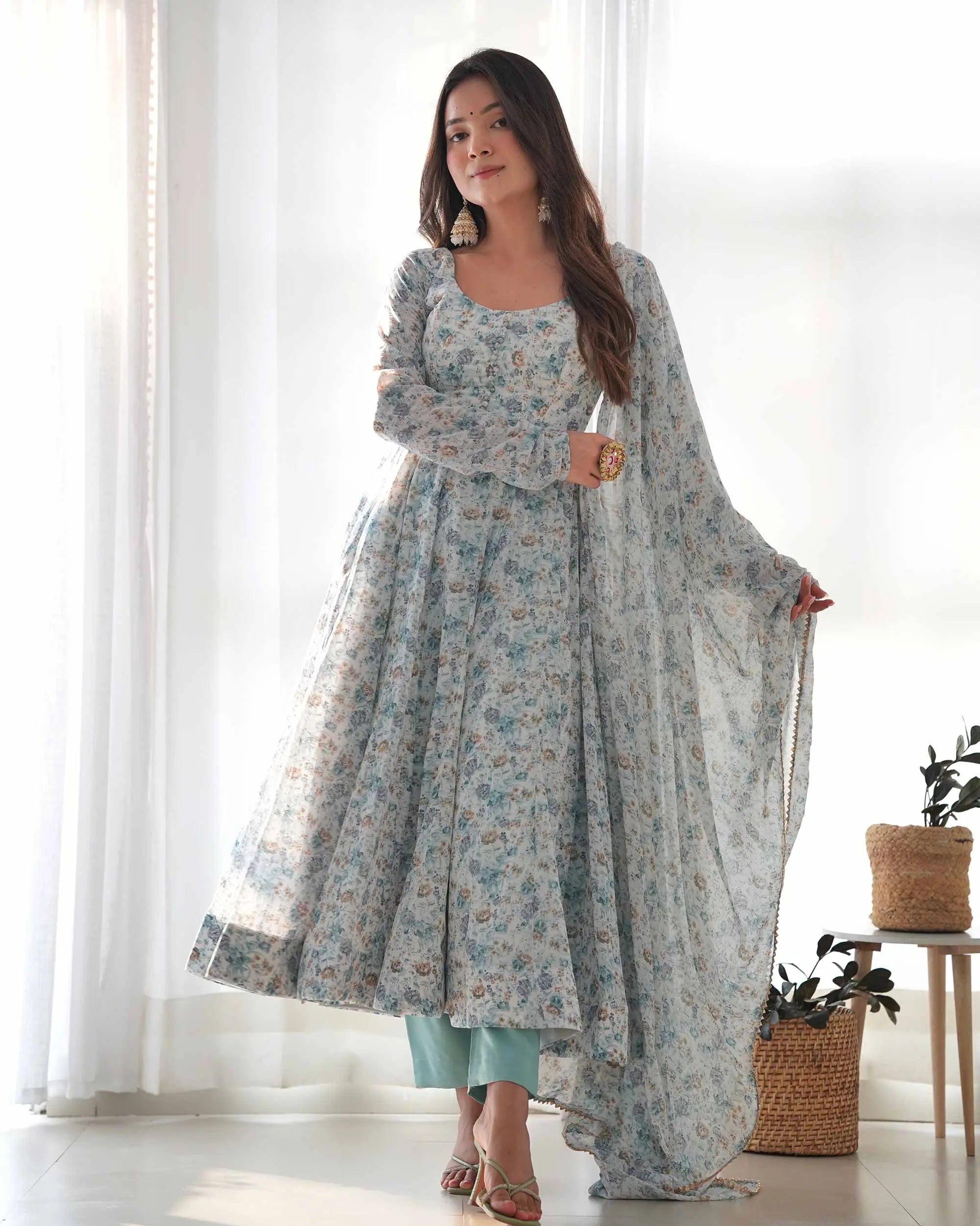 Light Sky Blue Chiffon Anarkali Gown With Colorful Floral Print With Dupatta