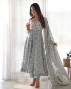 Light Sky Blue Chiffon Anarkali Gown With Colorful Floral Print With Dupatta