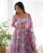 Off White Multi Color  Printed  Organza Anarkali Gown