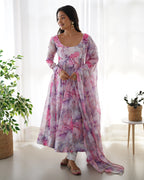 Off White Multi Color  Printed  Organza Anarkali Gown