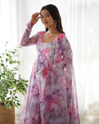 Off White Multi Color  Printed  Organza Anarkali Gown