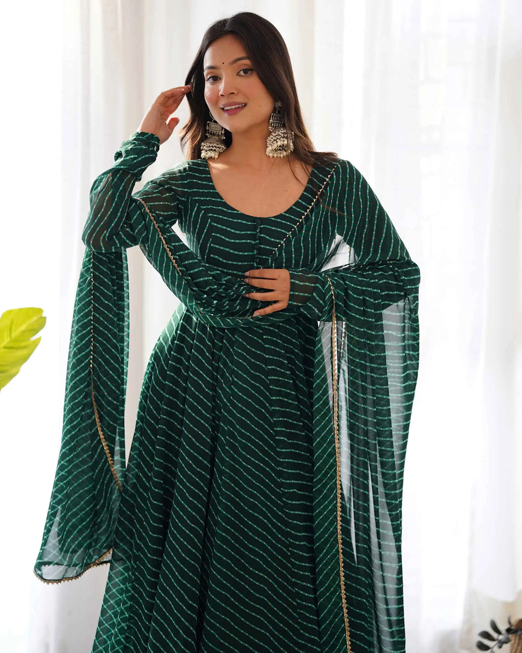 Dark Green Laheriya Print Georgette Anarkali Gown With Dupatta