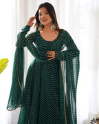 Dark Green Laheriya Print Georgette Anarkali Gown With Dupatta