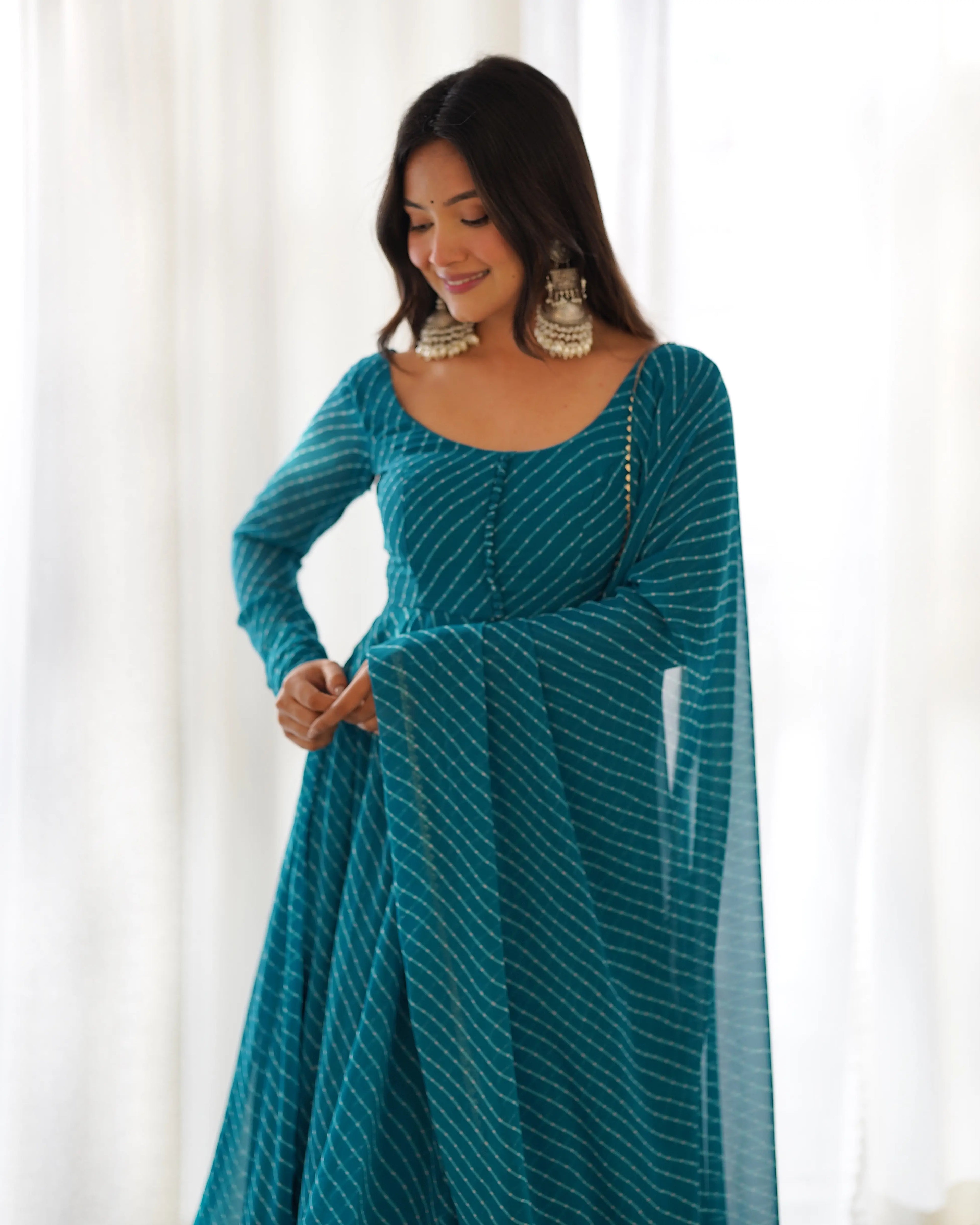 Bottle Green Laheriya Print Georgette Anarkali Gown With Dupatta