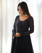 Met Black Laheriya Print Georgette Anarkali Gown With Dupatta