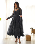 Met Black Laheriya Print Georgette Anarkali Gown With Dupatta