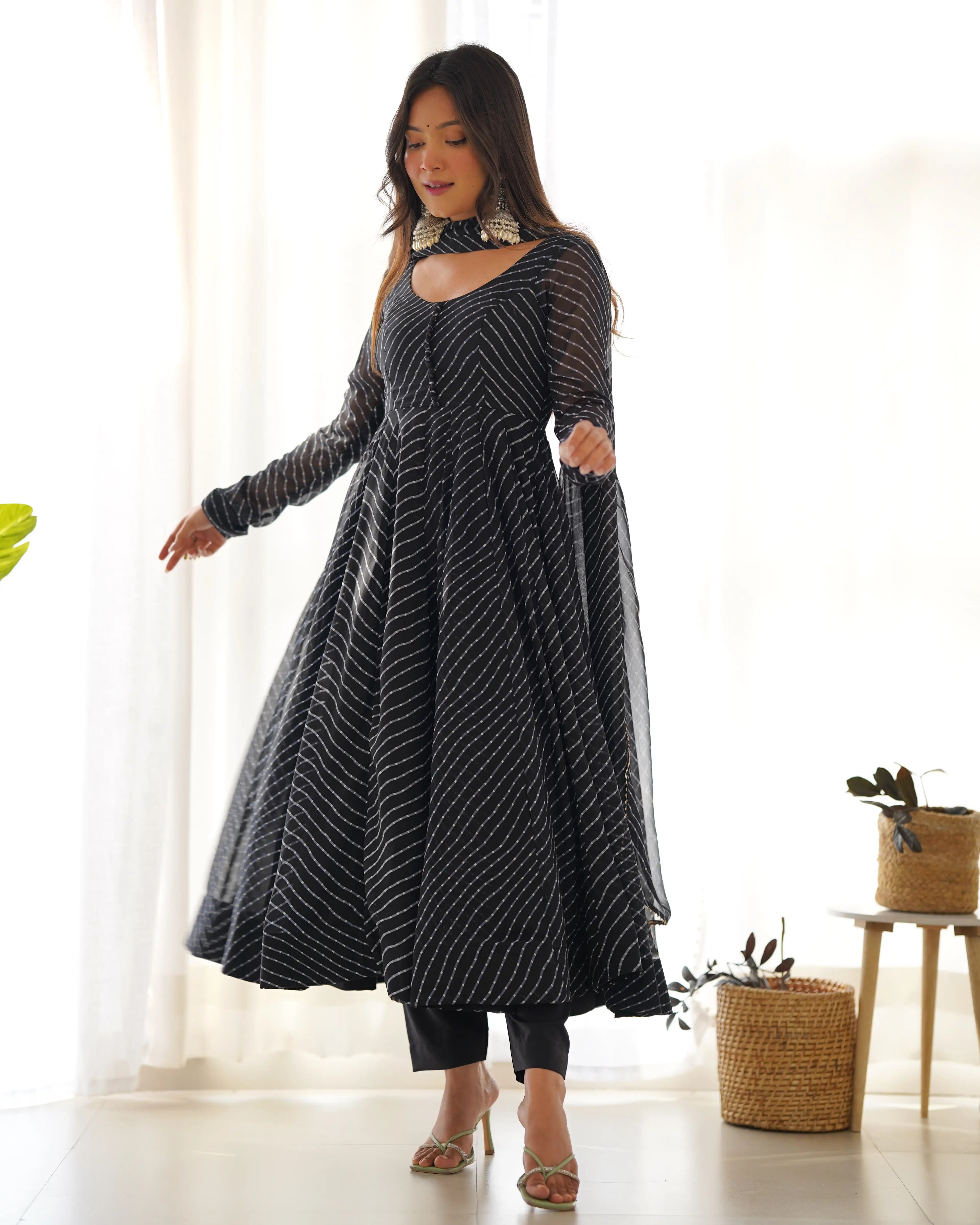 Met Black Laheriya Print Georgette Anarkali Gown With Dupatta