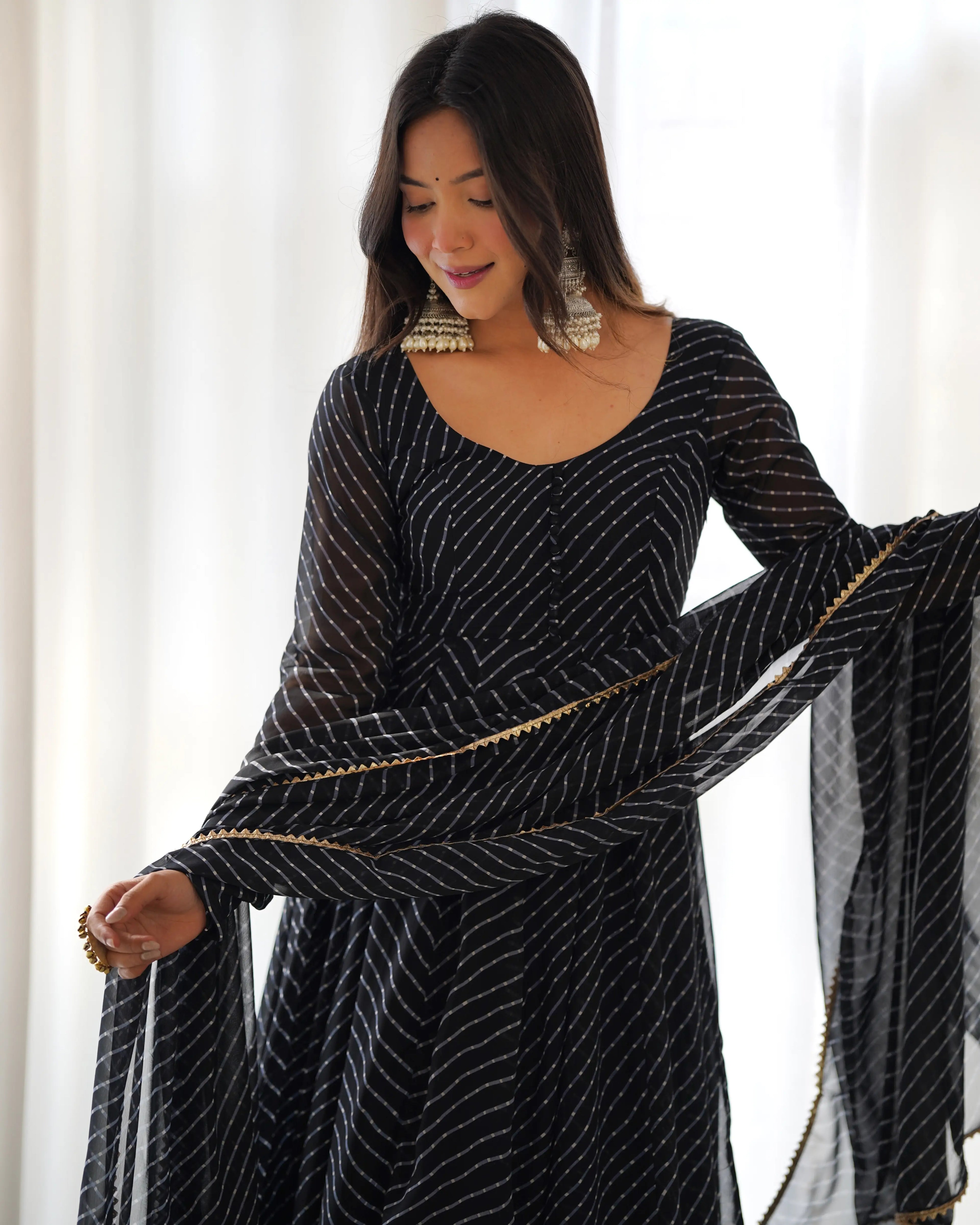 Met Black Laheriya Print Georgette Anarkali Gown With Dupatta