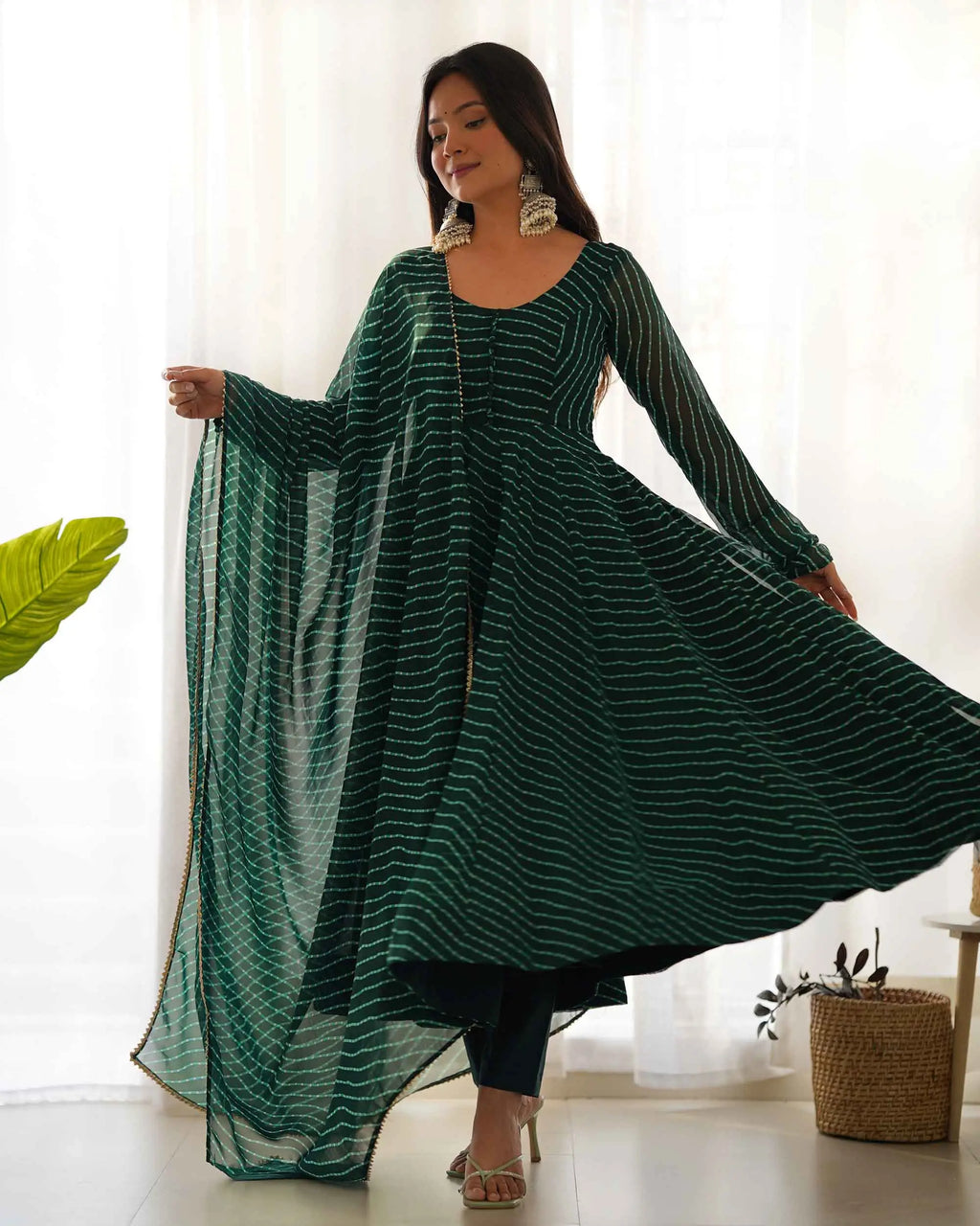 Dark Green Laheriya Print Georgette Anarkali Gown With Dupatta