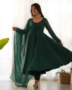 Dark Green Laheriya Print Georgette Anarkali Gown With Dupatta