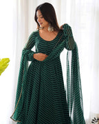 Dark Green Laheriya Print Georgette Anarkali Gown With Dupatta