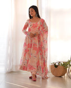 Light Pink Georgette Multi Floral Print Anarkali Gown With Dupatta