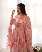 Light Pink Georgette Multi Floral Print Anarkali Gown With Dupatta