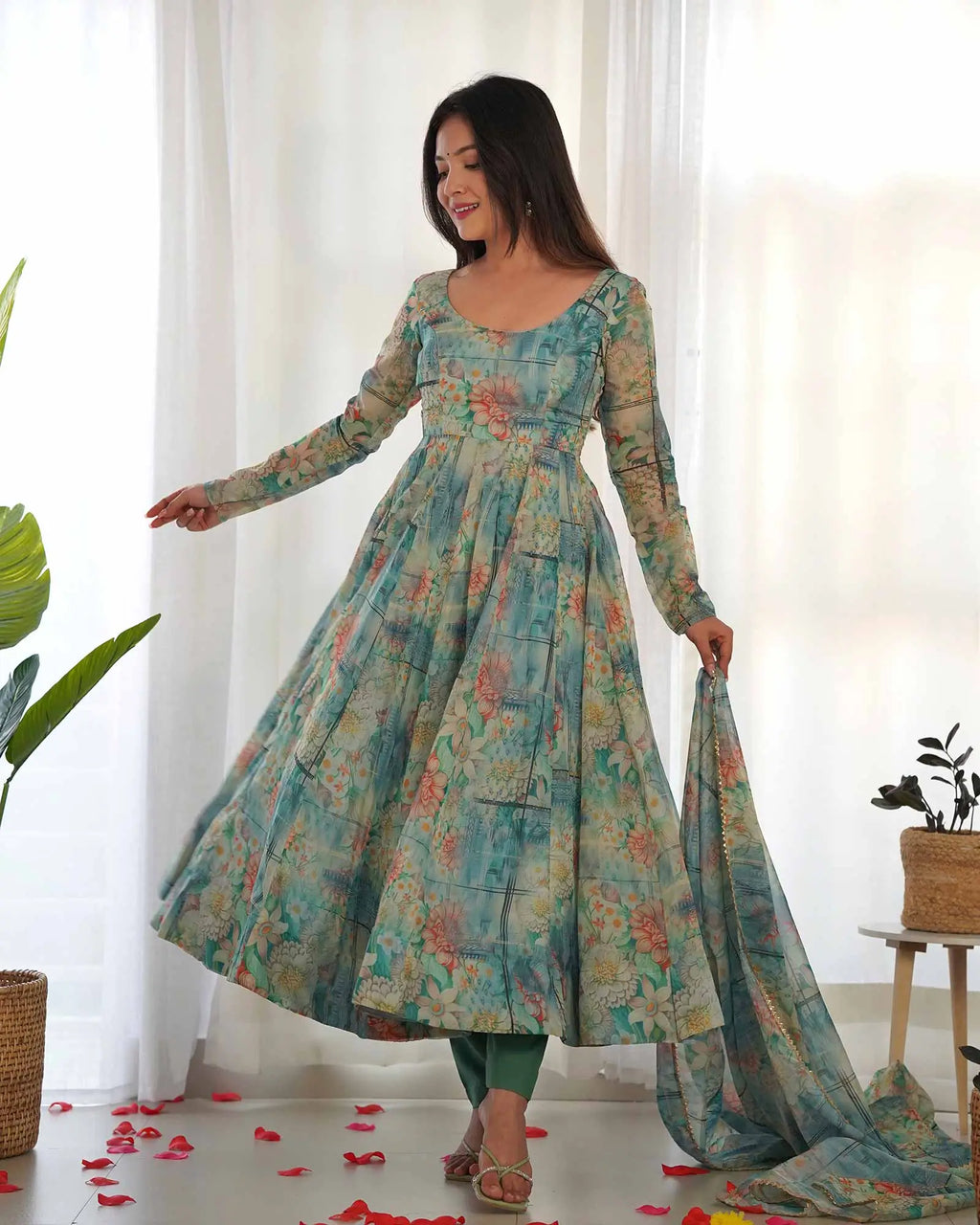 Multi Color Teal Blue  Floral Print Organza Gown