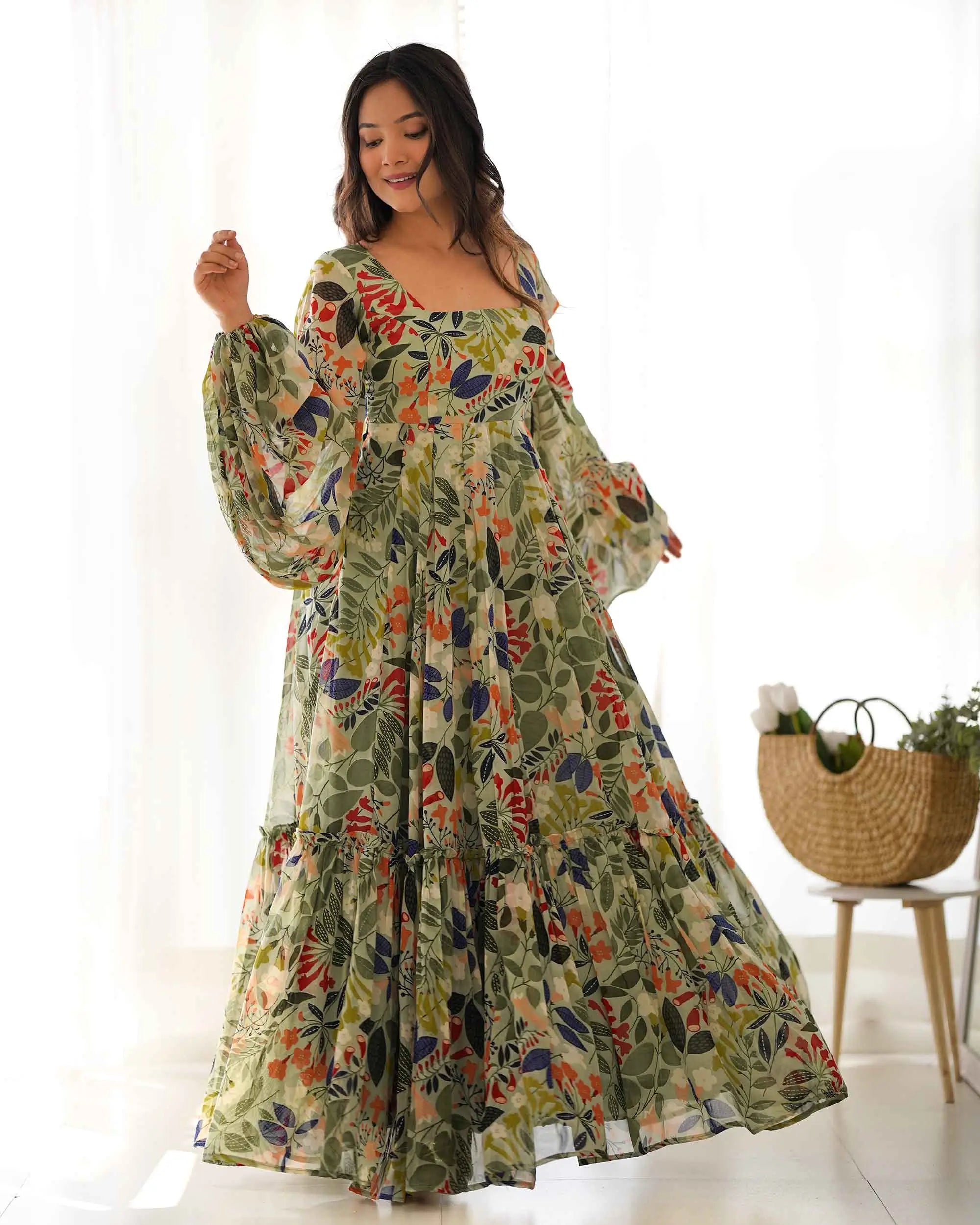 Spanish Green Georgette Floral Print Balloon Sleeve Maxi Gown