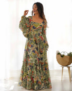 Spanish Green Georgette Floral Print Balloon Sleeve Maxi Gown