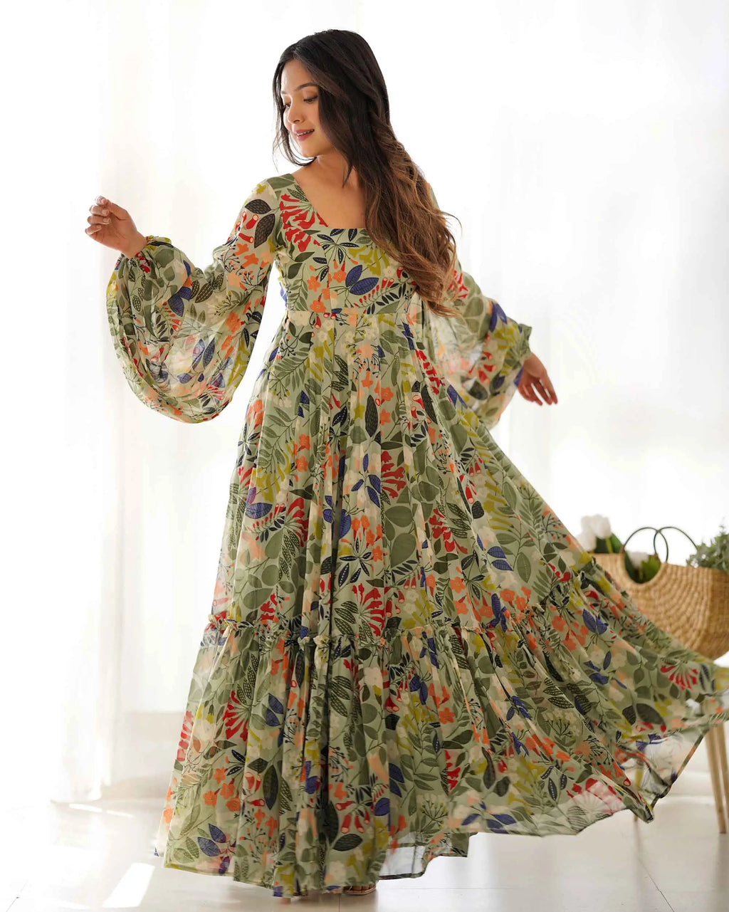 Spanish Green Georgette Floral Print Balloon Sleeve Maxi Gown