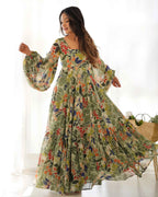 Spanish Green Georgette Floral Print Balloon Sleeve Maxi Gown