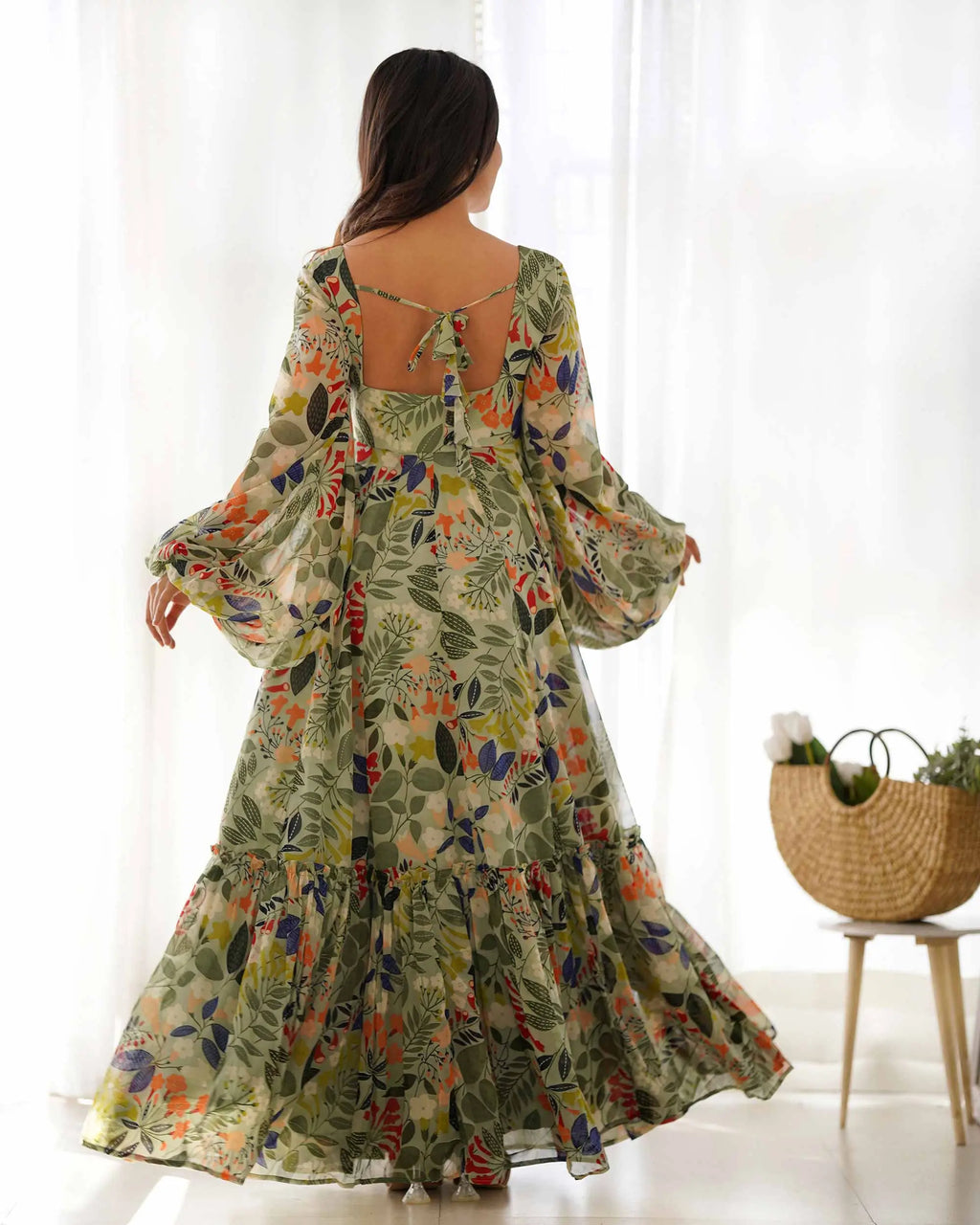 Spanish Green Georgette Floral Print Balloon Sleeve Maxi Gown