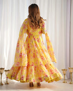Yellow Georgette Floral Print Gown With Dupatta