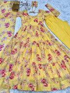Yellow Georgette Floral Print Gown With Dupatta